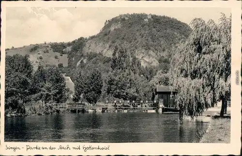 Ansichtskarte Singen (Hohentwiel) Partie an der Aach - Haus - Brücke 1936 