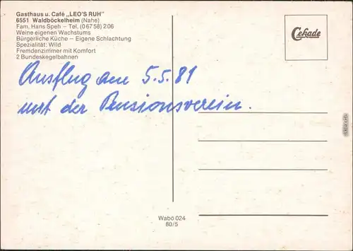 Ansichtskarte Waldböckelheim Gasthaus u. Café "Leo`s Ruh" 1972