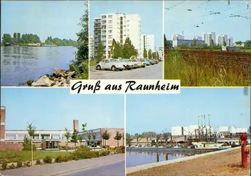 Raunheim (Main) Stadtansichten, Hafen, Neubaugebiet und Bahnschienen 1974