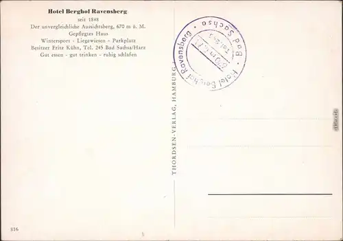 Ansichtskarte Bad Sachsa Hotel Berghof Ravensberg - Gastraum 1965