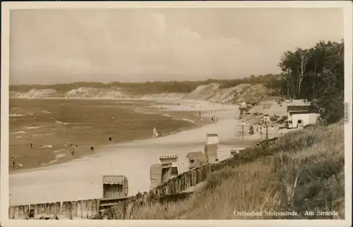 Ansichtskarte Stolpmünde Ustka Strandpartie - Hütte und Strandkörbe 1934 