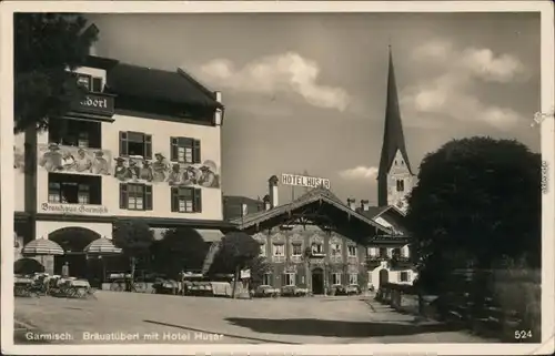 Ansichtskarte Garmisch-Partenkirchen Bräustüberl mit Hotel Husar 1932