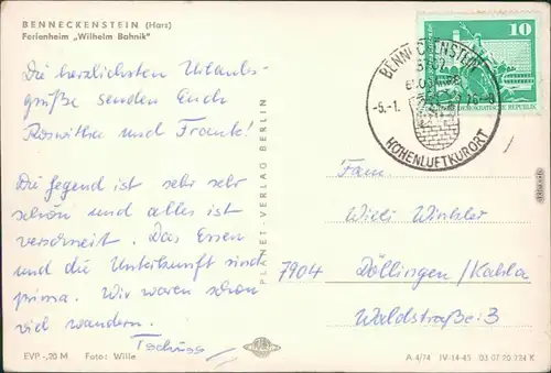 Ansichtskarte Benneckenstein Ferienheim "Wilhelm Bahnik" 1974