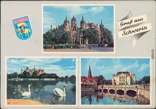 Schwerin Schloß, Burgsee mit Schloß und Schwäne, Staatstheater 1965