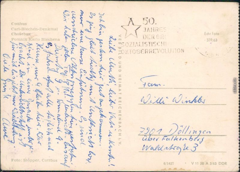 Ansichtskarte Cottbus Chocebuz Carl Blechen Denkmal 1963 Nr 88687