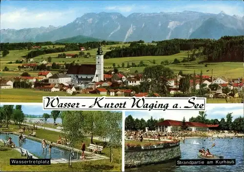 Waging am See Panorama mit Kirche, Freibad, Kurhaus mit Badebereich 1975