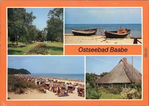 Ansichtskarte Baabe Kurpark, Boote am Strand, Strand, Rohrdachhaus g1988