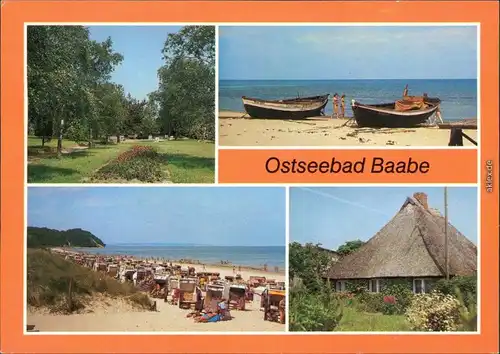 Ansichtskarte Baabe Kurpark, Boote am Strand, Strand, Rohrdachhaus 1988