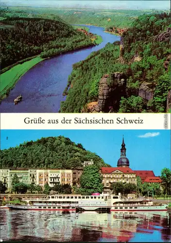 Bad Schandau Blick von der Basteiaussicht, Schaufelradschiff Wilhelm Pieck 1984