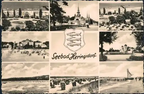 Heringsdorf Usedom Freiluftbühne, Kapelle,  Strandkörbe, Segelboot 1959