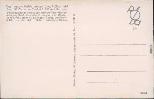 Höhscheid-Solingen Ausflugsort Kohlsbergerhöhe - Gästebereich - Außen 1934