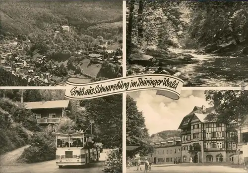 Schwarzburg Überblick, Schwarzatal, Touristenbus, Ortsmotiv 1969