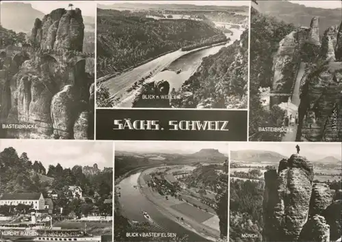 Ansichtskarte Rathen Basteibrücke, Elbe, Mönch, Elbdampfer, Panorama g1966