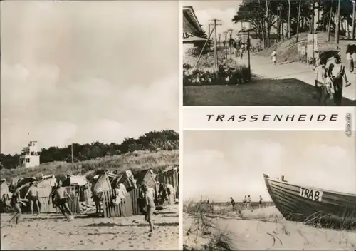 Trassenheide Strand mit Strandkörben, Strandpromenade, Boot am Ufer 1968