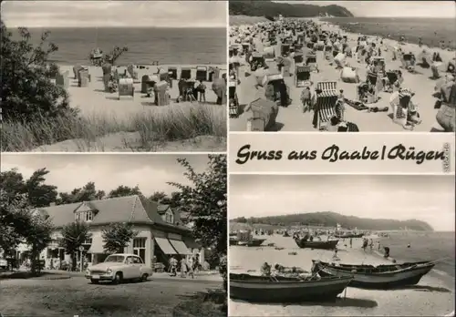 Baabe Strand mit vielen Strandkörben, Ortsmotiv, Boote am Strand 1973