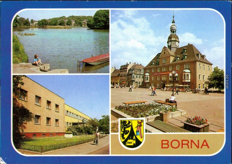 Ansichtskarte Borna Realgymnasium und Insel im breiten Teich 1924 Nr