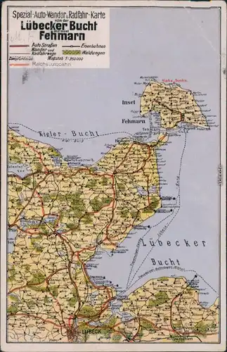 Lübecker Bucht mit Fehmarn Landkarten Ansichtskarte 1930