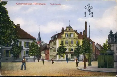 Ansichtskarte Kaiserslautern Straße, Fackelrondell und Zum Hexenbäcker 1922 