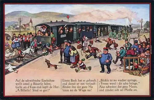 Ansichtskarte  Scherzkarten - Am Bahnhof ist viel los 1916