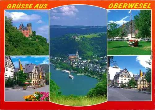 Ansichtskarte Oberwesel Burg, Überblick, Bootsanlegestelle, Ortsmotive 1990