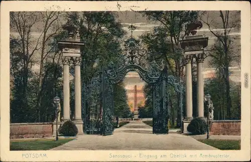 Ansichtskarte Potsdam Sanssouci - Eingang am Obelisk mit Armbrustertor 1926