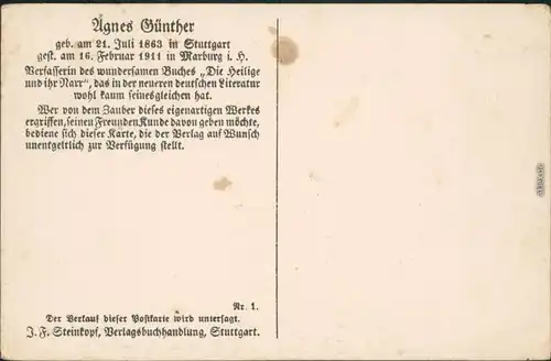 Ansichtskarte  Agnes Günther, Foto im Winter Stuttgart Marburg 1916