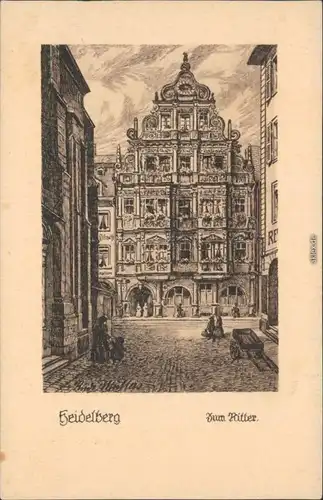 Ansichtskarte Heidelberg Gasthaus zum Ritter - Federzeichnung 1928 