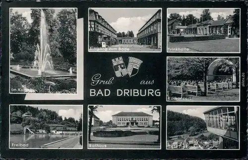 Bad Driburg Kurpark mit Springbrunnen, Eingang zum Bade, Trinkhalle,   1960