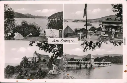 Waldeck (am Edersee) Zeltplatz mit Kiosk, Burg, Edertalsperre 1953