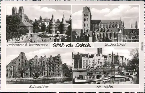 Ansichtskarte Lübeck Salzspeicher, Holstentor, Marienkirche, Hafen 1960