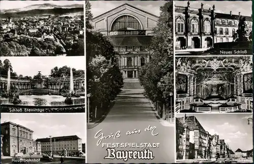 Bayreuth   Schloss, Hauptbahnhof, Opernhaus, Maxstraße mit Rathaus 1960