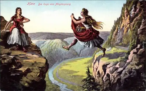 Mägdesprung-Harzgerode Künstlerkarte die Sage vom Mägdesprung 1918 