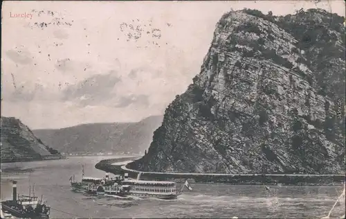 Ansichtskarte St. Goarshausen Loreley mit Dampfer am Rhein 1907