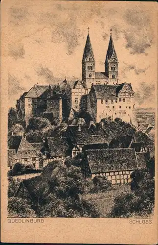 Ansichtskarte Quedlinburg Blick auf das Schloß - Federzeichnung 1928 