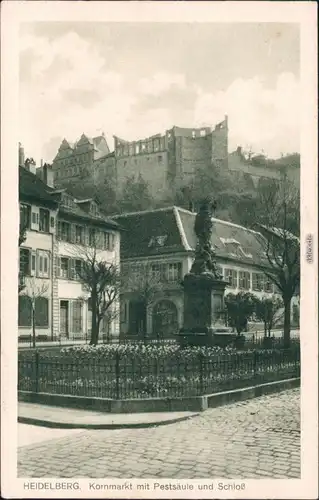 Heidelberg Kornmarkt mit Pestsäule und Heidelberger Schloss 1928