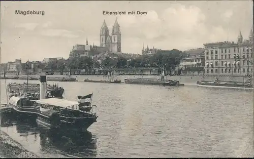 Ansichtskarte Magdeburg Elbansicht - mit Dampfern und Schleppern 1914 
