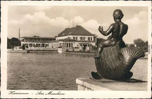 Ansichtskarte Döhren-Wülfel-Hannover Maschsee, Plastik Fisch mit Figur 1942