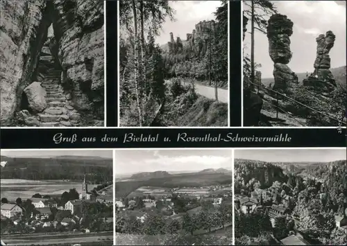 Rosenthal-Bielatal Panorama-Ansichten, Felsen, Felsentreppe, Straße 1984