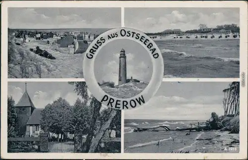 Ansichtskarte Prerow Strand, Seemannskirche, Leuchtturm 1958