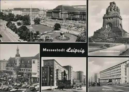 Leipzig Hauptbahnhof Rathaus, Hauptpostamt, Roßplatz mit Mägdebrunnen 1967