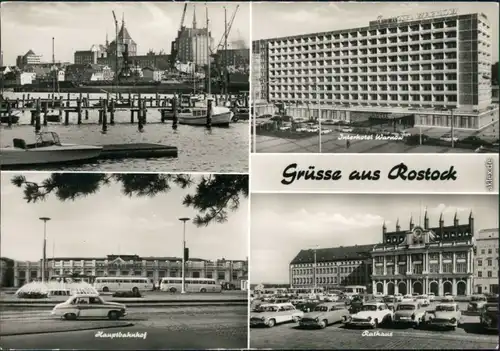 Ansichtskarte Rostock Hafen, Hauptbahnhof, Hotel Warnow, Rathaus 1977