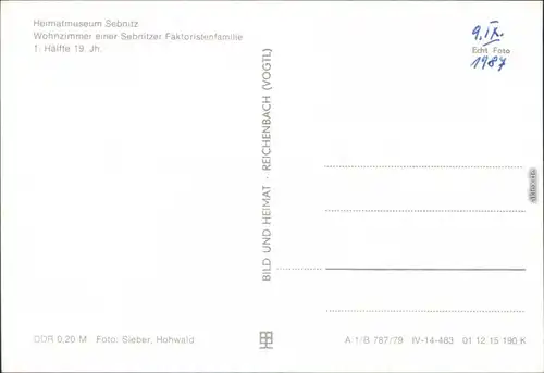 Sebnitz Wohnzimmer einer Sebnitzer Faktoristenfamilie, 1. Hälfte 19.Jh. 1979