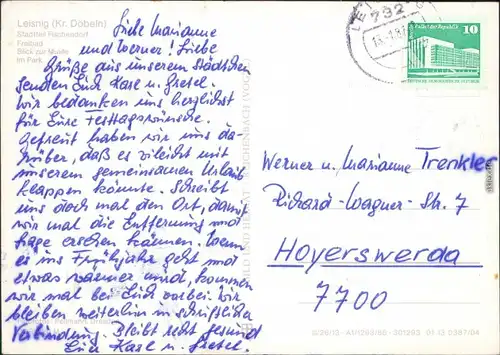 Ansichtskarte Leisnig OT Fischendorf, Freibad, Mulde, Park g1986