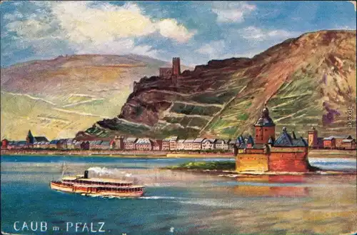 Ansichtskarte Kaub Burg Pfalzgrafenstein mit Dampfer - Zeichnung 1929