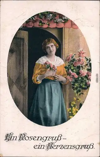 Ansichtskarte  Glückwunsch / Grusskarten: Allgemein - Frau mit Blumen 1919