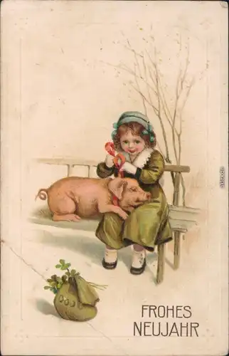 Glückwunsch  Sylvester - Kind mit Glücksschwein  1919 Prägekarte