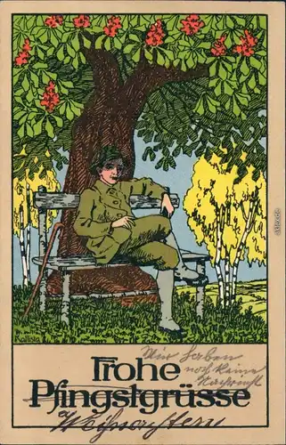 Ansichtskarte  Glückwunsch - Pfingsten Junge auf Bank - Künstlerkarte 1914