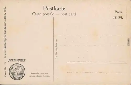 Ansichtskarte  Künstlerkarte: Erster Raddampfer auf dem Hudson 1807 1909