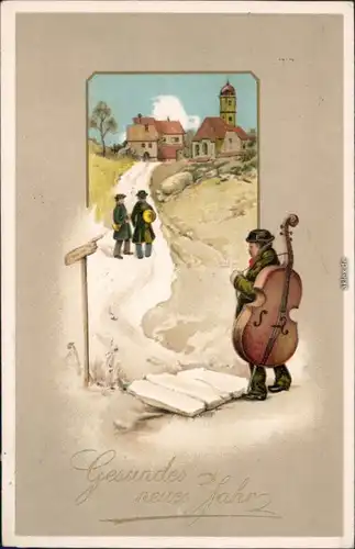  Gesundes Neujahr, Musikanten auf dem Weg zur Stadt 1908 Goldrand