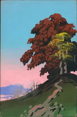 Ansichtskarte  Künstlerkarte echt gemahlt Baum auf Berg 1923